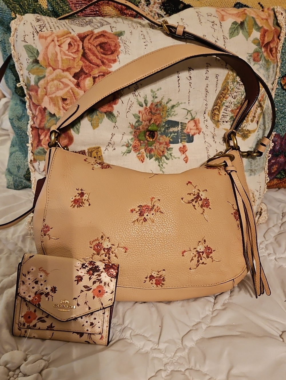 Coach Sutton Beige Pebble Leather Shoulder And Cross Body Bag with Floral Print
